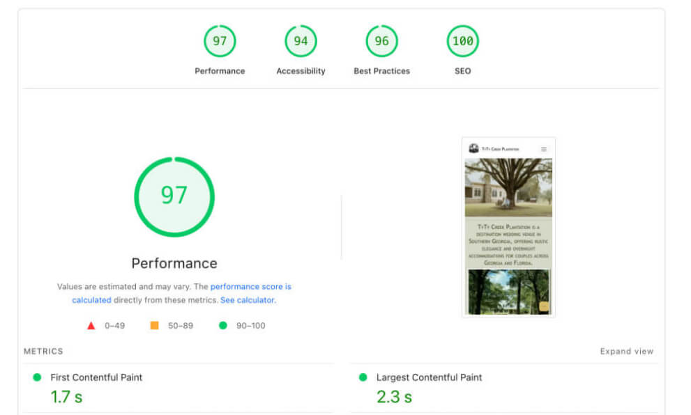 Image of speed test for website